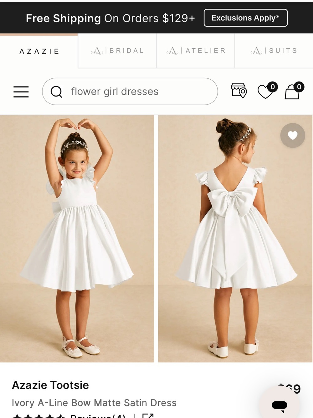 Azazie Ivory Kids A-Line Dress with Back Bow